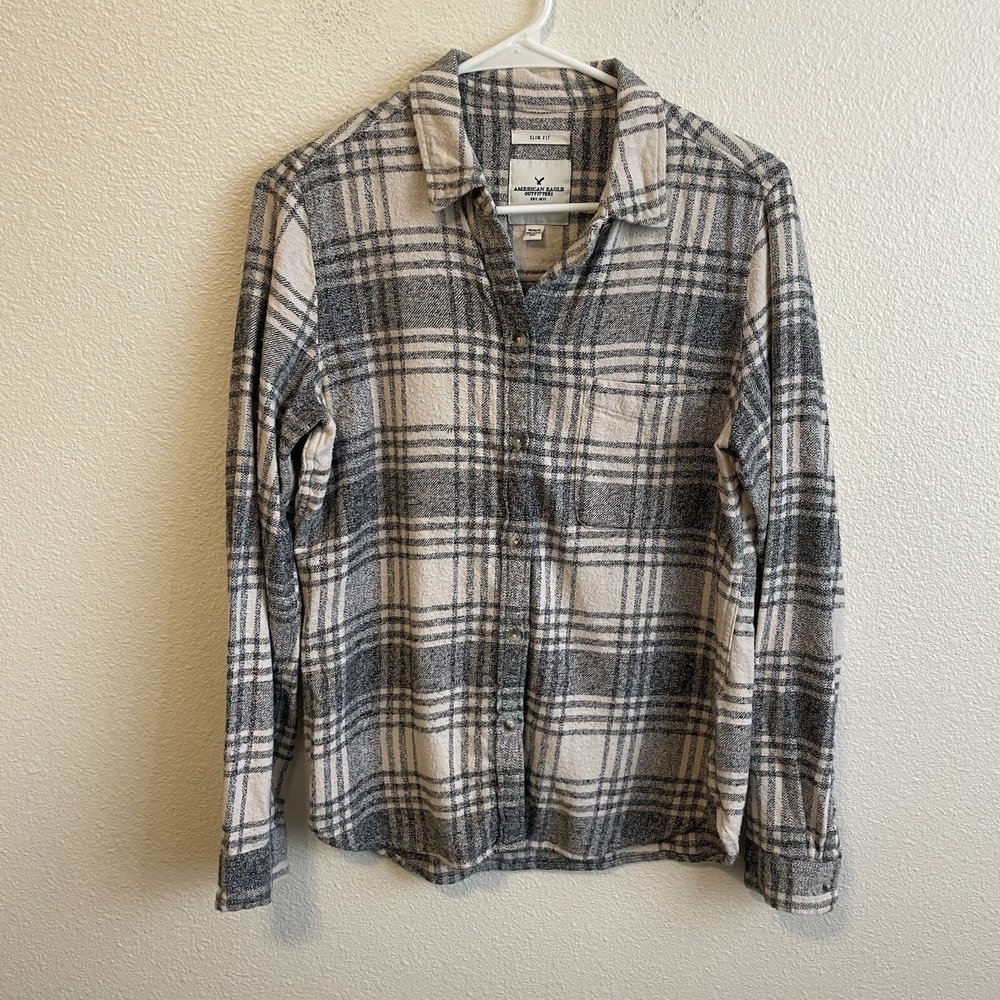 American Eagle‎ Flannel Women Medium Shirt Slim Fit Plaid Button Up Long Sleeve